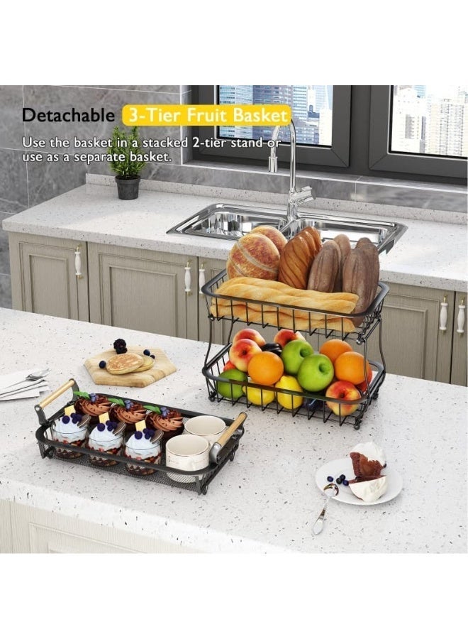 3 Tier Metal Mesh Fruit Vegetable Basket with 2 Banana Hangers - Kitchen Countertop Produce Organizer for Onion Potato Bread Snack（36.8×21.8×45cm） - Image 5
